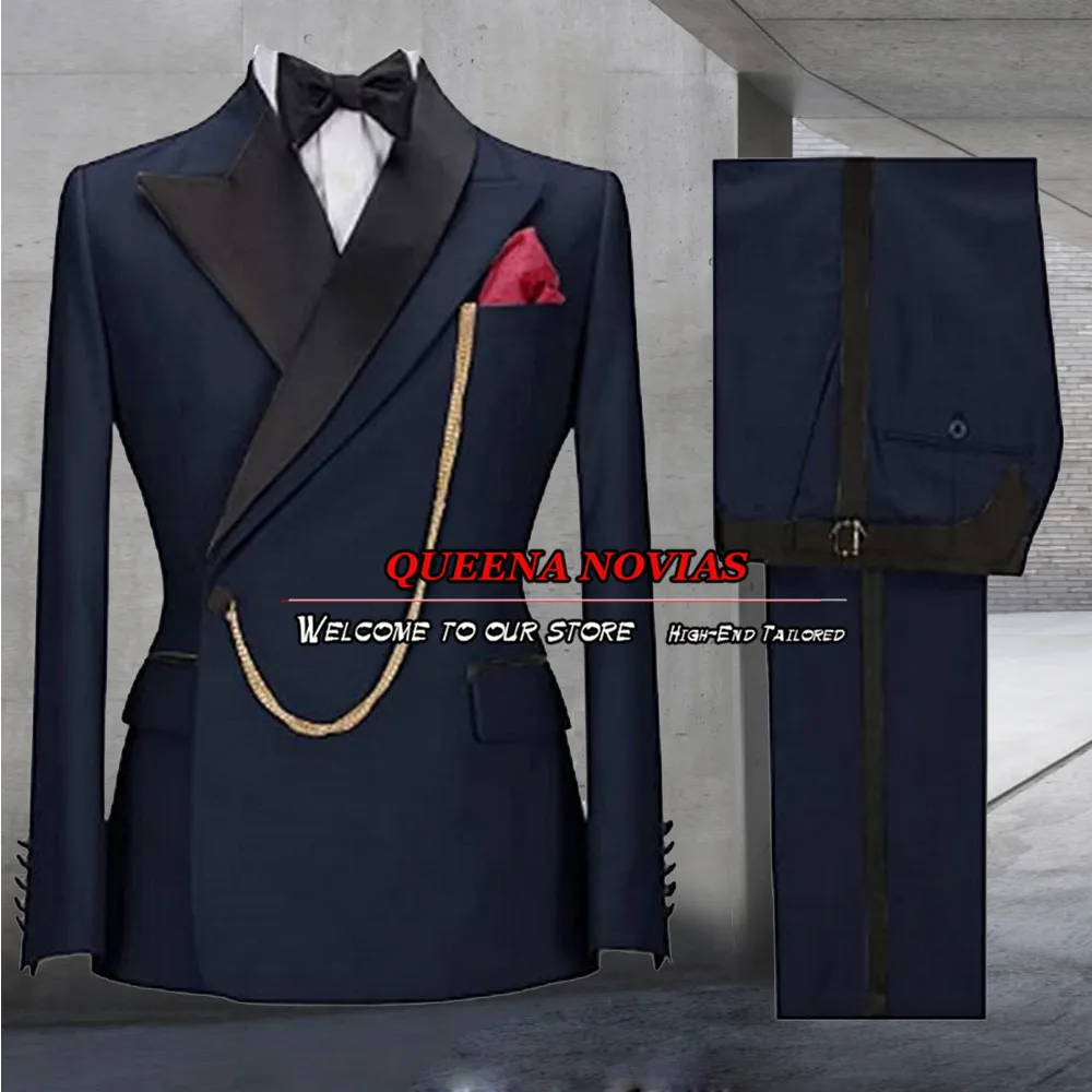 Marine Blauwe Pakken Mannen Formele Tuxedo 2 Stuk Klassieke Mannelijke Kleding Double Breasted Blazer Sets Slim Fit Kostuum Homme 2023