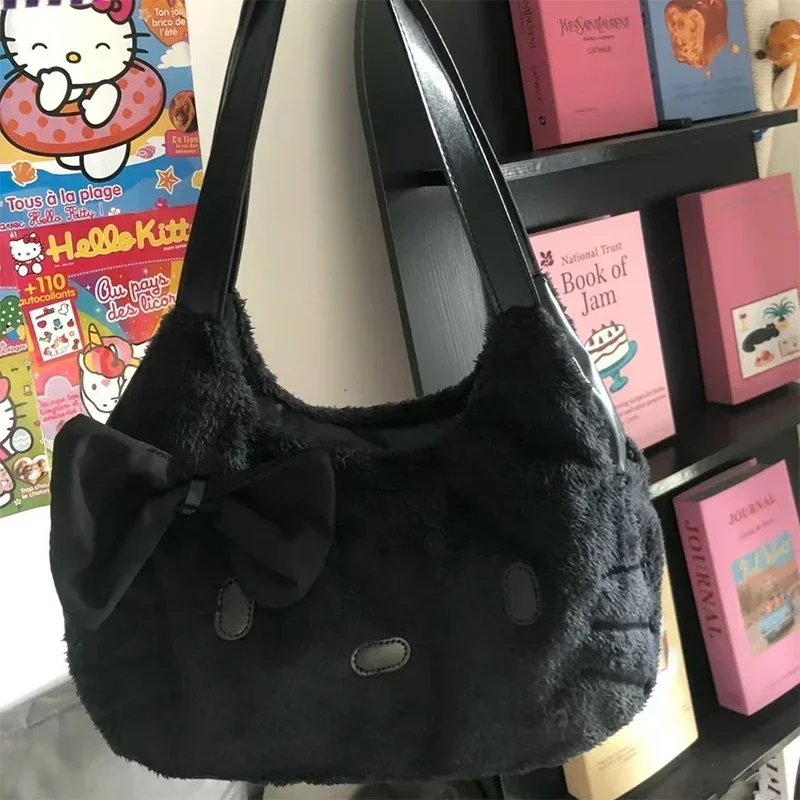 

Sanrio Hello Kitty Plush Shoulder Bag for Women Girl Large Capacity Black Luxury Designer Handbag with Bow Kawaii Tote