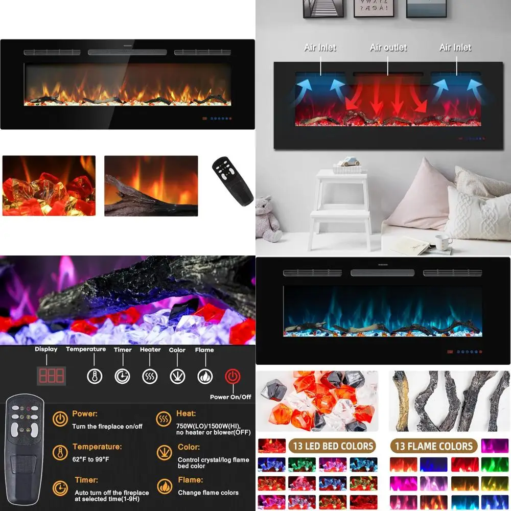 48-Inch Electric Fireplace Insert with Recessed and Wall Mount Options, Linear Heater featuring Thermostat, Remote Control, and