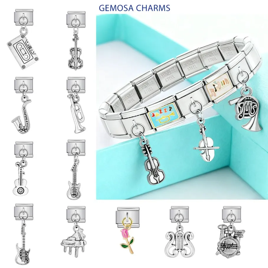 GEMOSA Silber Farbe Musikinstrument Serie Italienischer Charm Anhänger Link fit 9mm Edelstahl Herstellung DIY Armband Schmuck – Detail 1