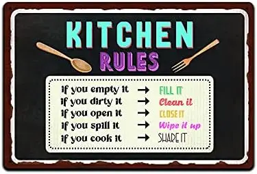 JP's Parcels Tin Signs Kitchen Wall Décor - Metal Sign for Dining Room Home Cook or Chef 12 x 8 in. Kitchen Rules Empty It F