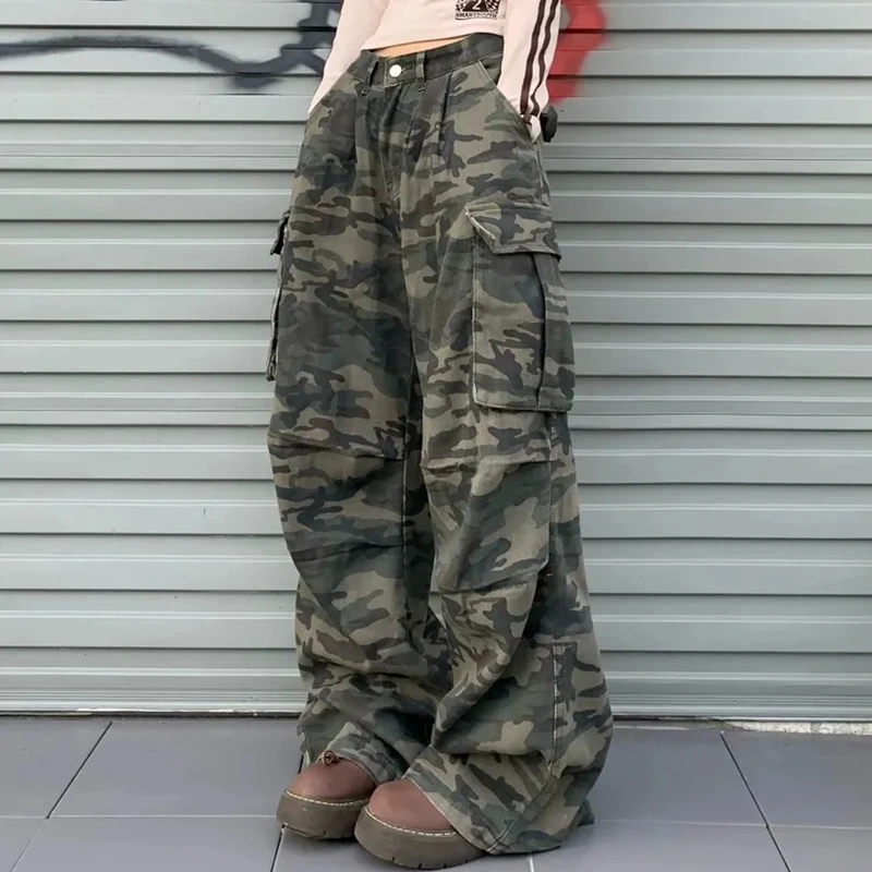 

Women Camouflage Cargo Jeans American Streetwear Utility Pants Retro Jazz Hiphop Baggy Denim Trousers Casual Lazy Pants