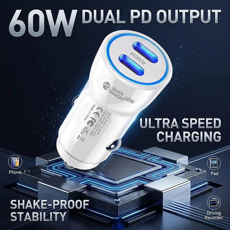 60W Dual PD Port Type C Car Charger Fast Charging Power Adapter With Smart Chip Overheat Protection For Phones Tablets