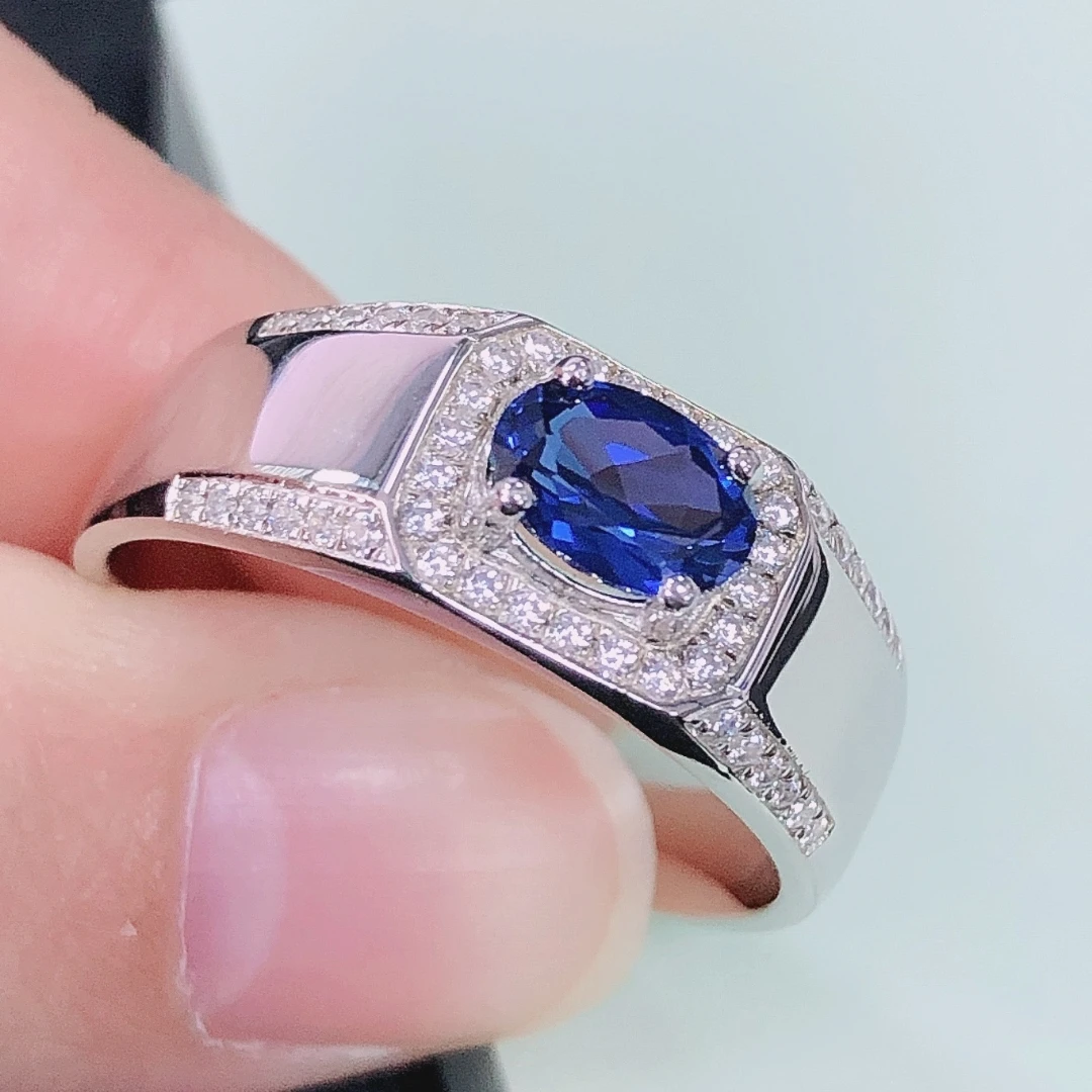 

1Ctw 5*7mm Oval Shape Created Sapphire Blue Diamond Men Ring 14K White Gold Blue Gemstone Promise Ring For Him R205