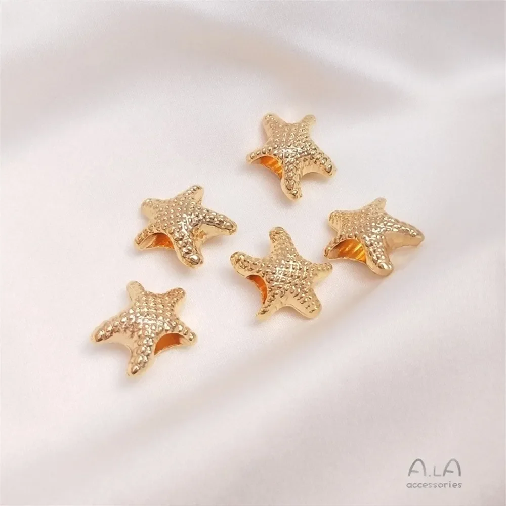 Cuentas con agujero grande de estrella de mar de cinco puntas envueltas en oro de 14K, decoración de cadena hecha a mano, estrellas grandes regordetas, accesorios de pulsera DIY