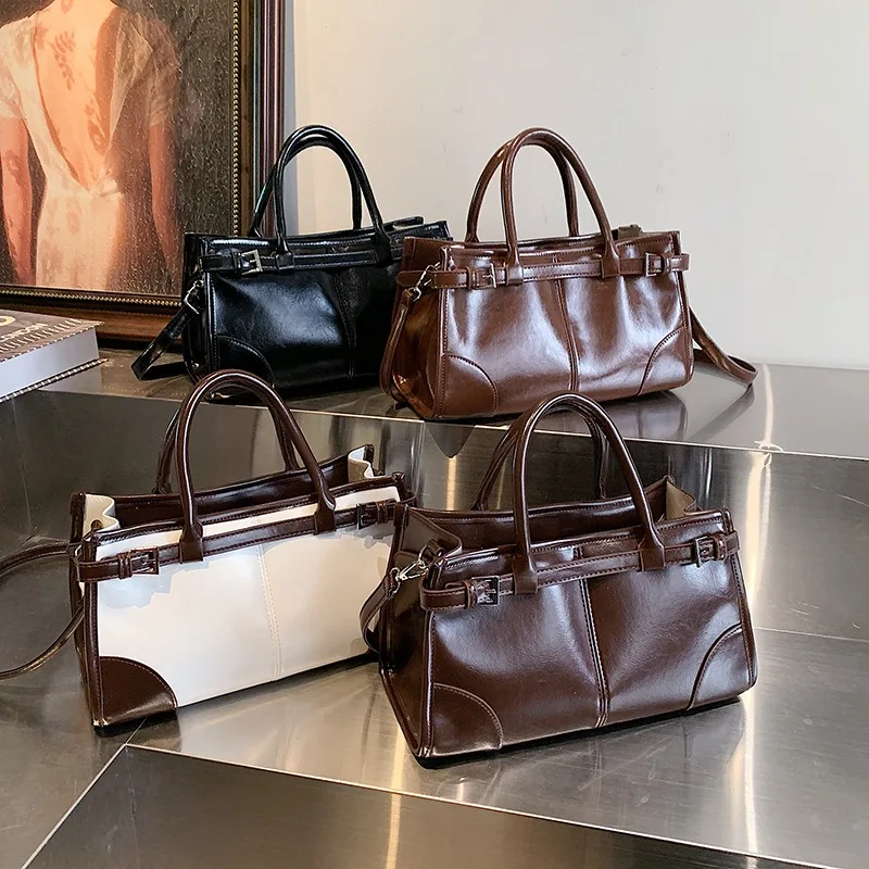 2026 New Fashionable Colorblock Women's Commuter Crossbody Bag Retro Large Capacity Shoulder Bag with WaxInfused Leather