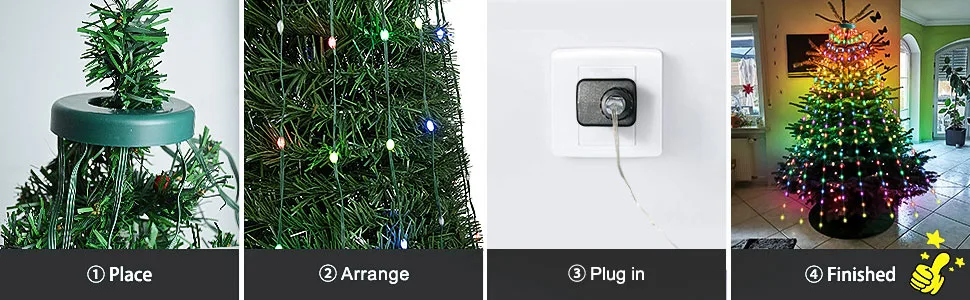 Smart Christmas Tree Lights, DIY Color Changing Waterfall Xmas Tree Lights with Ring & Top-Star, RGB-IC Dynamic String Light