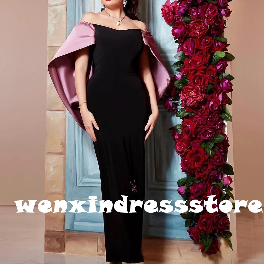 Off the Shoulder Saudi Arabia Evening Gowns Half Sleeves Jersey Straight Ankle Length Pleats Fashion Shwal Party Gowns Modern