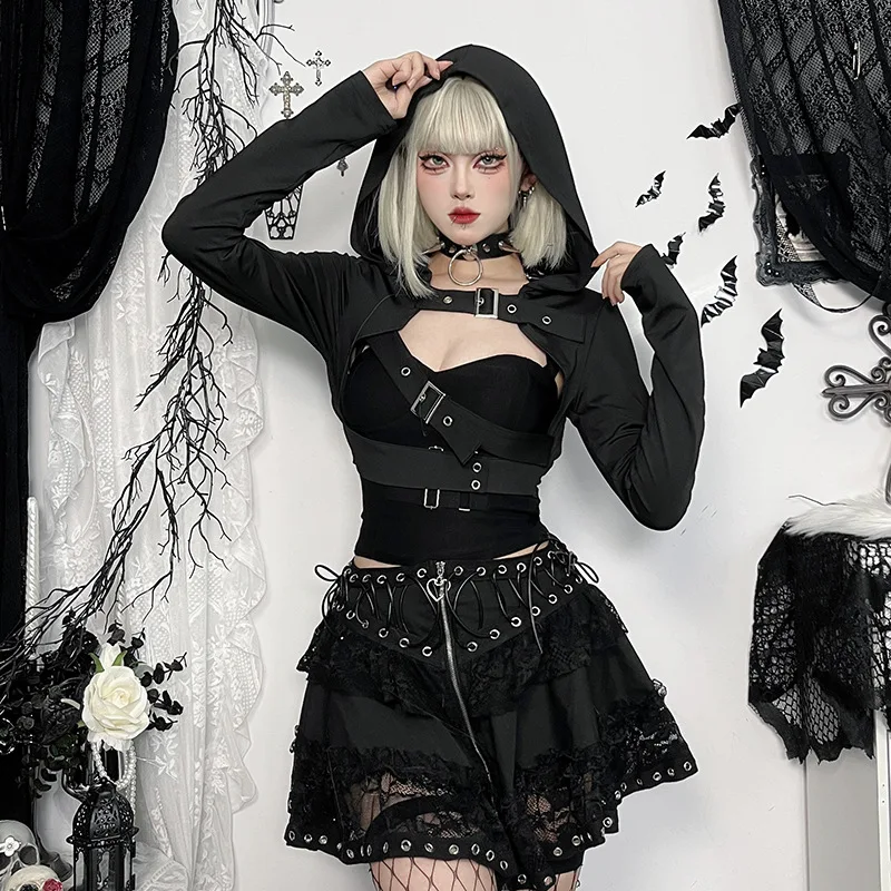 Girls Harajuku Gothic Jackets Women Streetwear Cyber Punk Grunge Hollow Out Long Sleeve Hooded Crop Coats Vintage Rave Outfits