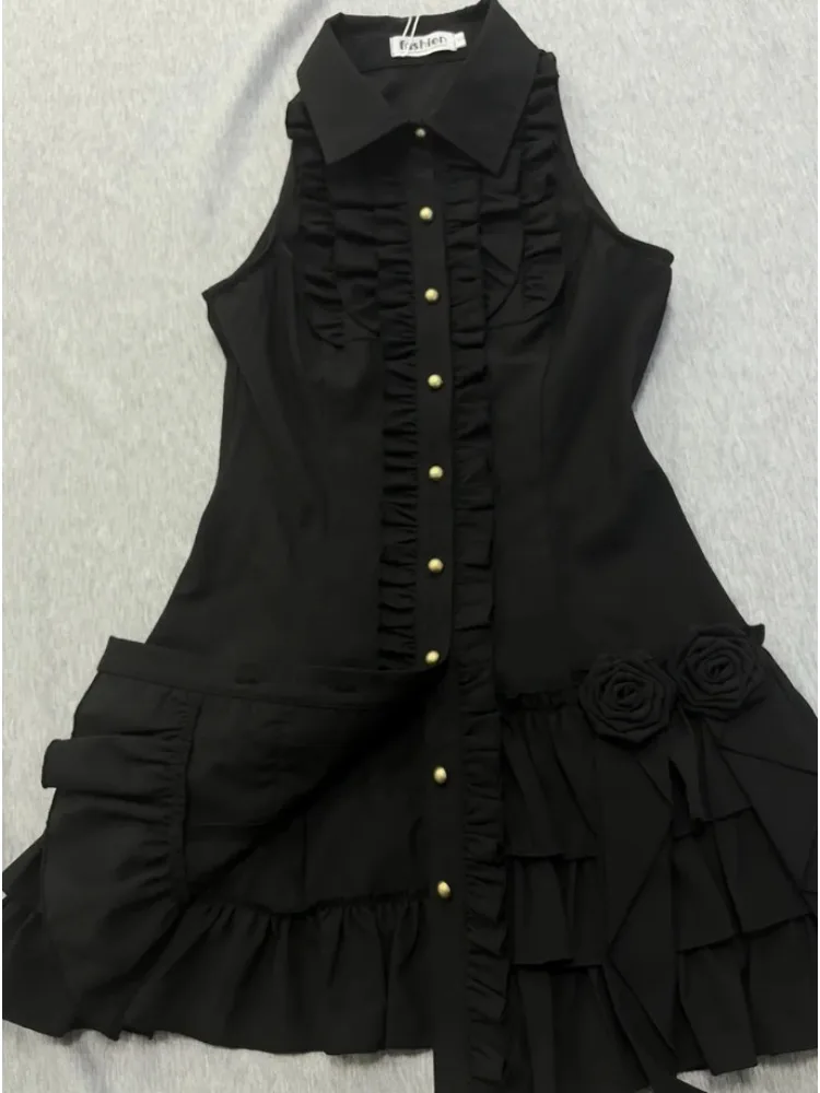 Robe Mino Vintage sans manches pour femmes, taille noire japonaise, Slim, à volants irréguliers, Design Floral, tenues Y2k, nouvelle collection été 2025