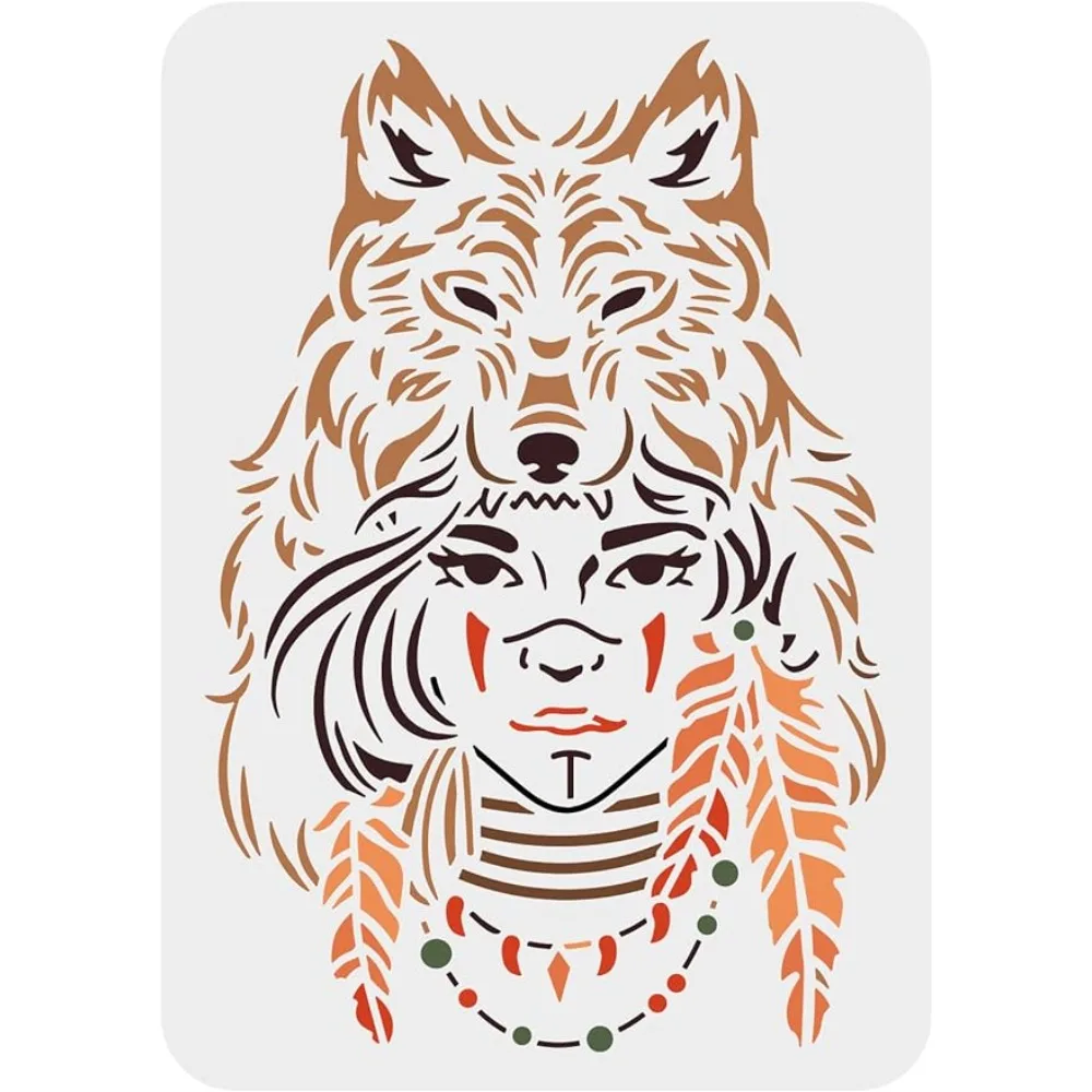 Wolf Girl Stencil 11.7x8.3 inch Reusable Tribal Girl Craft Stencils Plastic PET Wolf Head Necklace Feather Drawing Stencil Wall