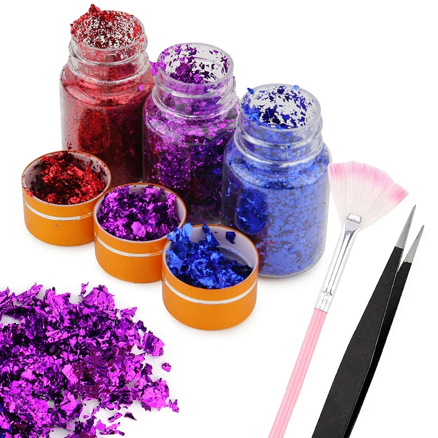 

3Pcs Foil Flakes Nail Art Kit with Tweezers And Fan Brush Metallic Paintings for Crafts Resin Jewelry Making