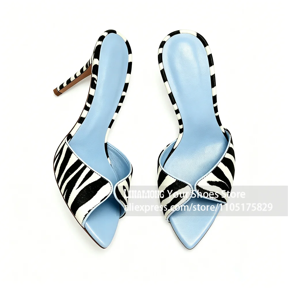 

Black White Zebra Pony Hair Mules Pointed Toe Stilettos Novelty Designer Style Vintage Slippers for Summer Handmade High Heels