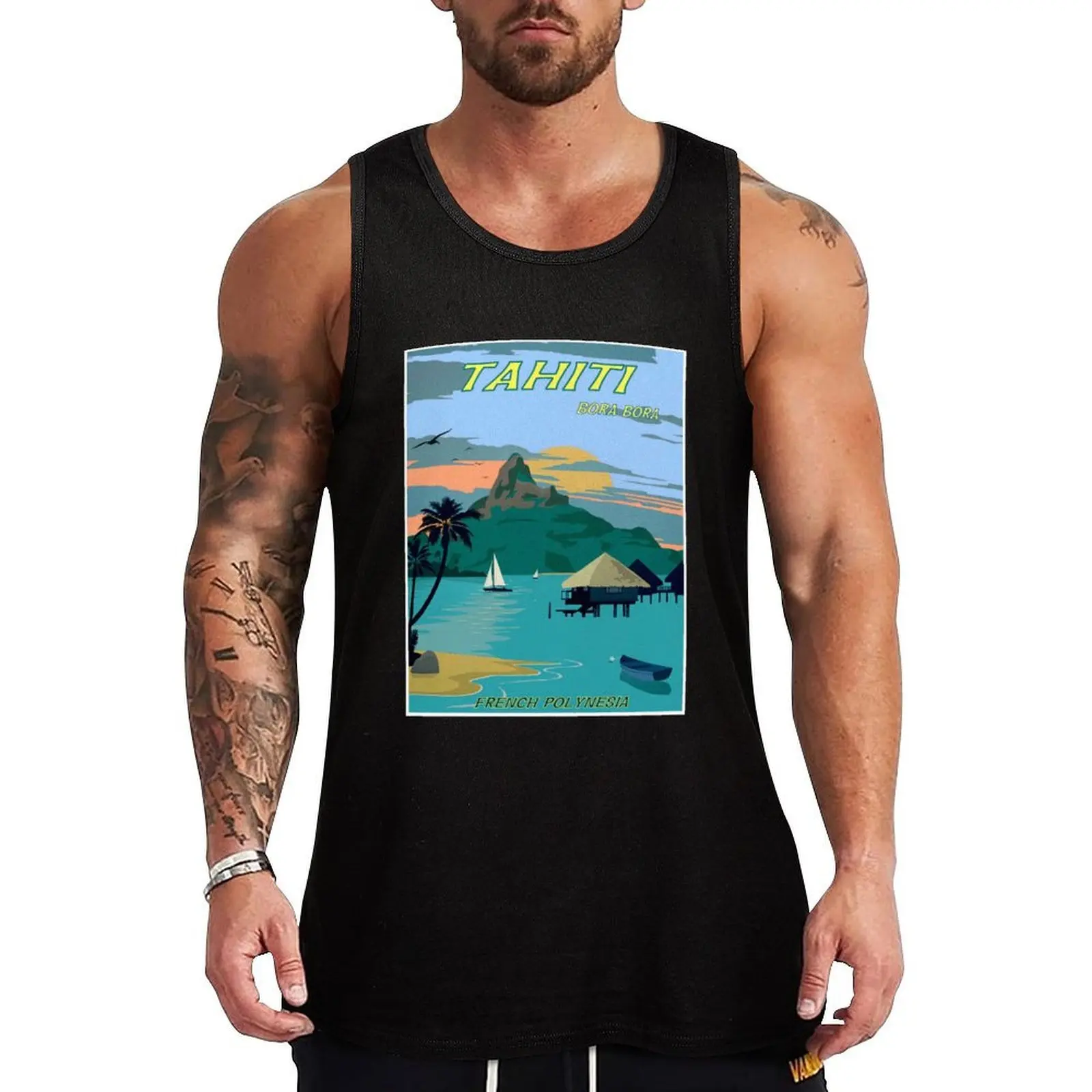 

TAHITI : Vintage Travel to Bora Bora Advertising Print Tank Top plain t-shirt summer Men's tops