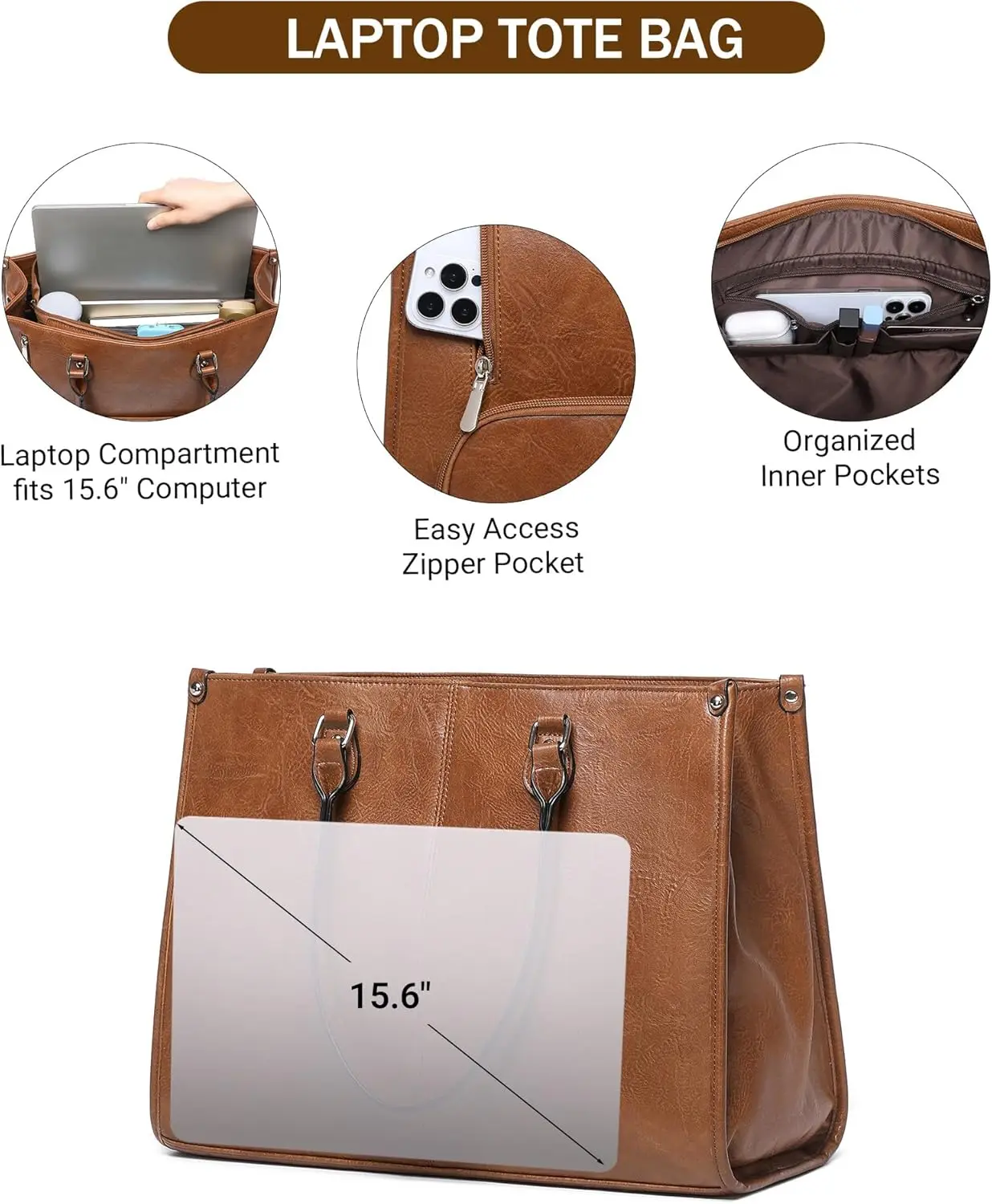 2 in 1 Laptop Tote Bag with Insulated Lunch Compartment for Women Work, PU Leather Lunch Bag with 15.6 Inch Computer Compartment view 3