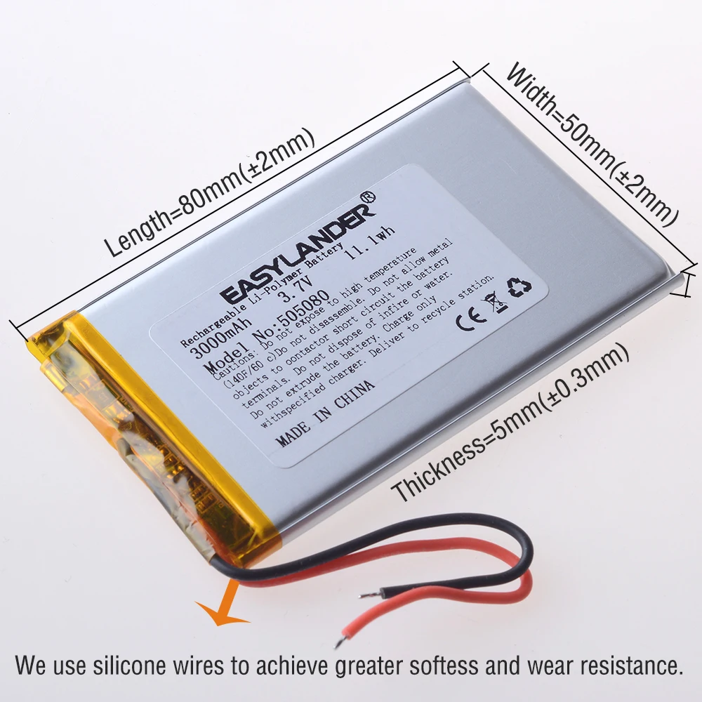 Alambres de silicona 505080   CE+Rohs 3.7V 3000mAh Baterías Lipo de batería de iones de litio recargables de polímero de litio