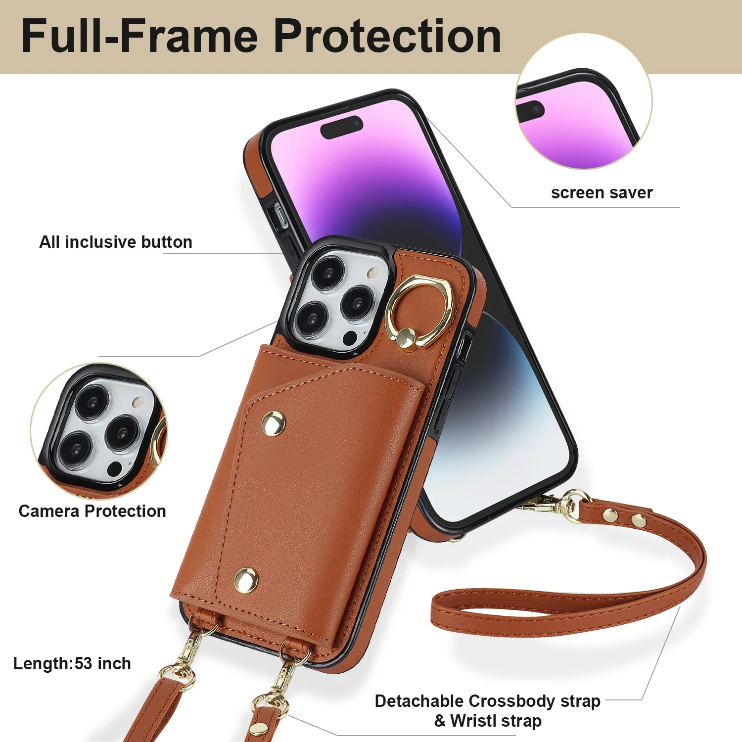 Etui na telefon z paskiem na ramię do iPhone 18 Pro Max 17 14 13 12 11 15 16 Pro Max Plus, damskie, skórzane, z kieszenią na karty i smyczą. — zdjęcie produktu 3