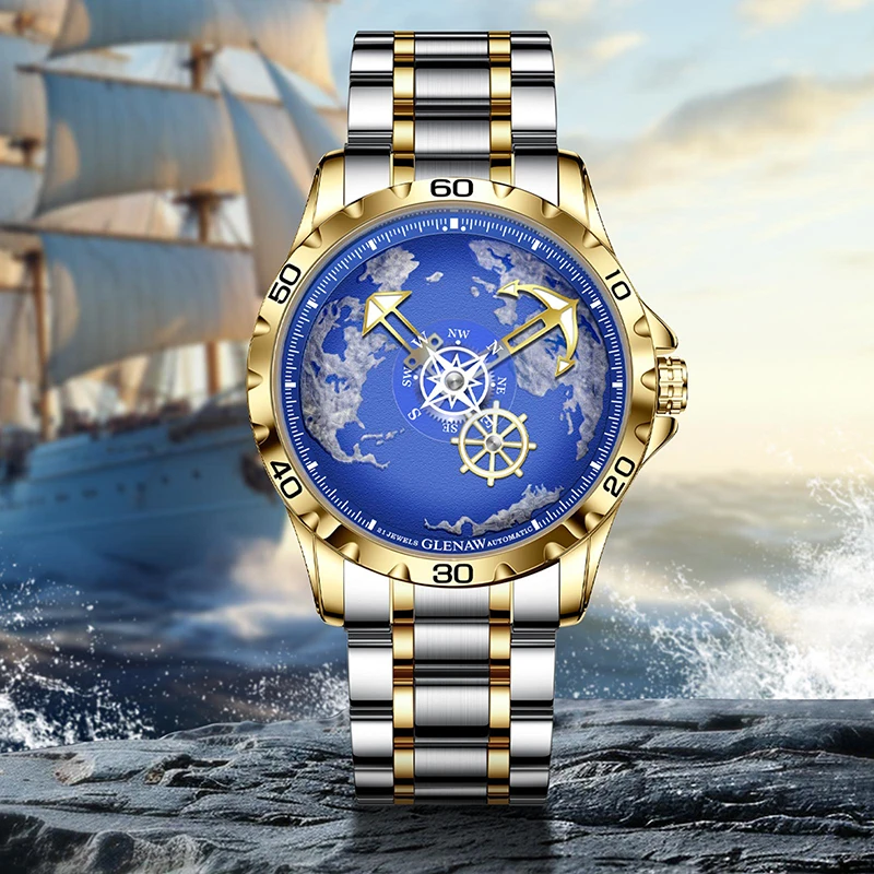 Серия GLENAW Explorer, полностью автоматические механические золотые и серебряные двухцветные часы с ремешком, синий циферблат земли, парусные часы высокого класса