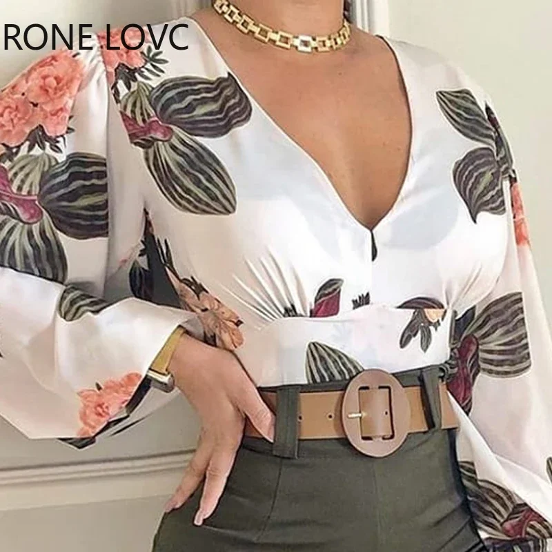 Spring V Neck Tropical Print Long Sleeve Top & Shorts Set Women Sets  2 Piece Set