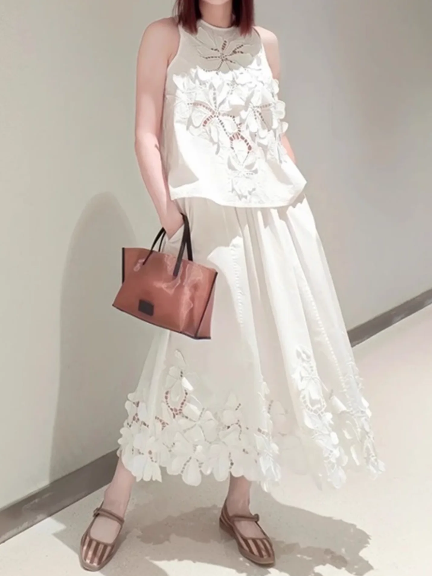 

Women Flower Embroidery White Set Hollow Out Round Neck Sleeveless Top + Elastic Waist A-Line Long Skirt Holiday Suits