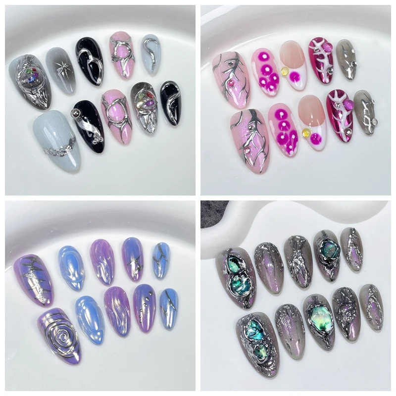 Handmade Y2K  Almond Press On Nails 3D Short False Nails Tips Reusable Full Cover Fake Nail With Glue Wearable Artificial Nail