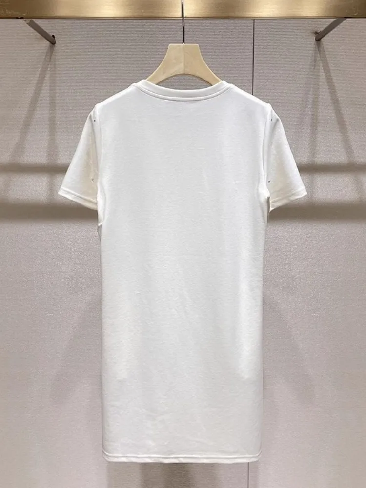 Vestido informal de verano para mujer, vestidos de camiseta de manga corta con flores de Color sólido y diamantes, jersey con cuello redondo, vestidos cortos de línea A