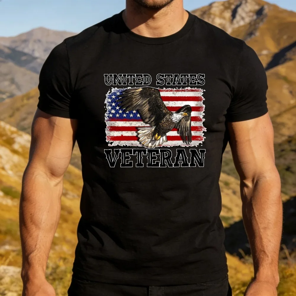 United States Veteran Graphic Shirt Men Cotton Tee Distressed American Flag Bald Eagle US Military Veteran Casual Daily Outfit