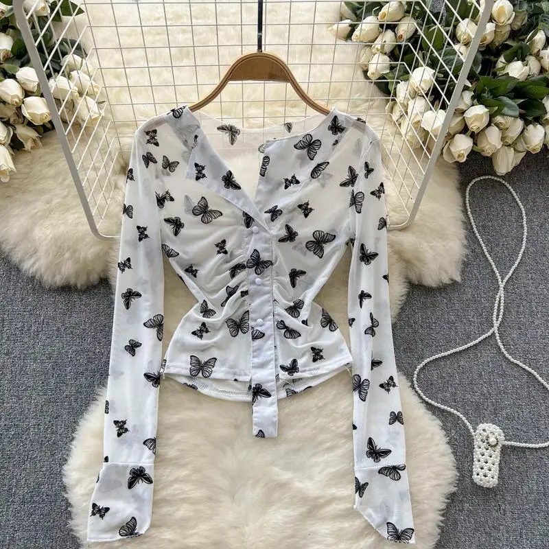 Shirts Women Sexy Butterfly-prints Summer Thin Retro New Trendy V-neck Design Simple Elegant Hotsweet Female Cropped Clothing