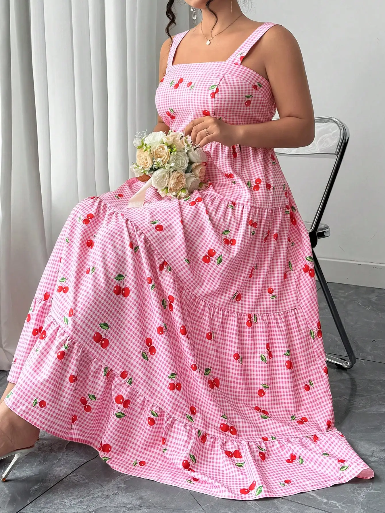 

Plus Size Women's Long Cherry Print Gingham Dress Spring Summer