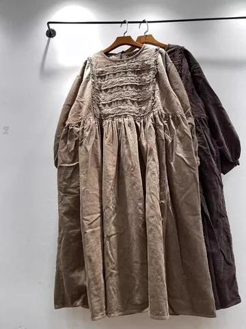 Mori Girl Autumn Winter Corduroy Dress Women Warm Thick Lace Patchwork Casual Dresses Female Vestidos Long Sleeve Vintage A-line