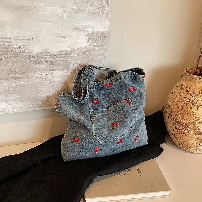 Lazy Denim Shoulder Bag Women\'s Large-capacity Shopping Bag Niche Literary Tote  Casual Versatile Underarm Bag