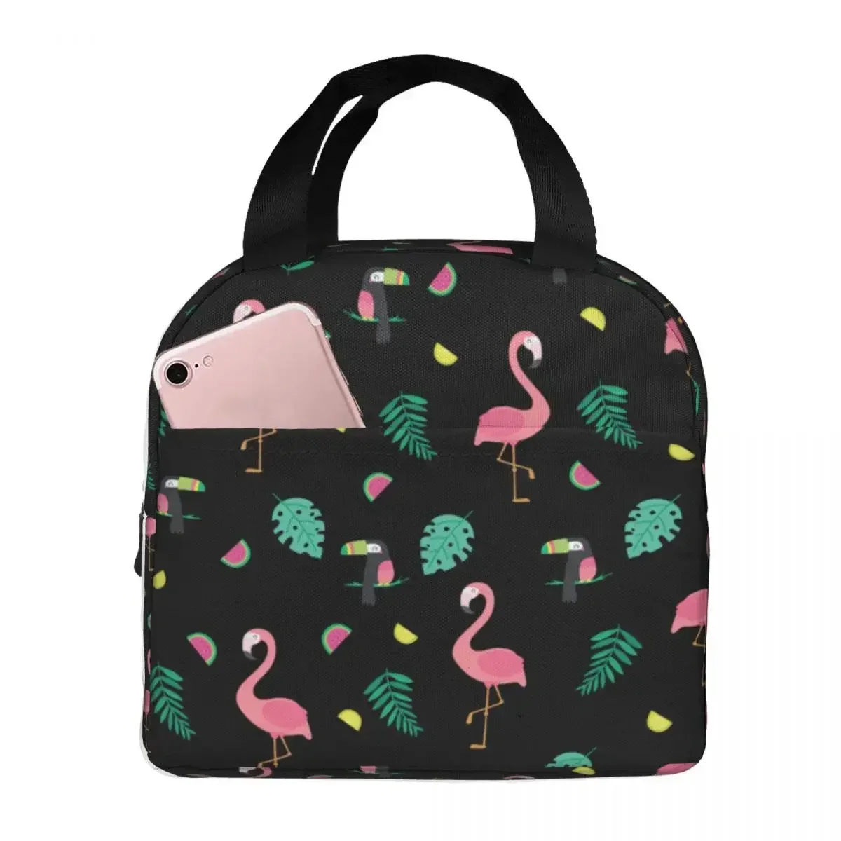 

Pink Flamingo Tropical Leaves Colorful Lunch Bags Portable Insulated Cooler Thermal Food Picnic Lunch Box for Women Children