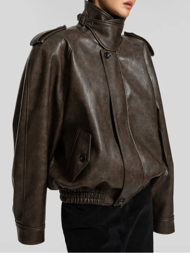 Mulheres sólida gola jaqueta de couro casual manga cheia lapela botão zíper solto jaquetas curtas 2026 senhora primavera outono wear