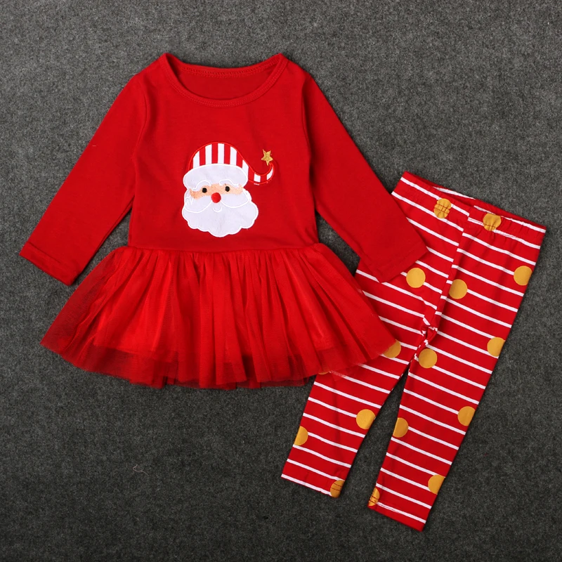 Children\'s Christmas suit girls Santa Claus long-sleeved striped trousers skirt suit two-piece spring and autumn