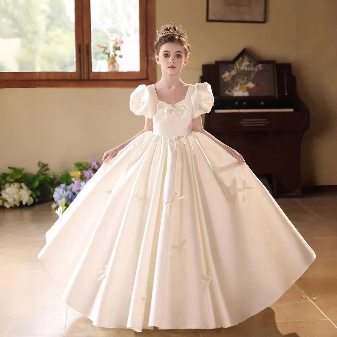 

Custom high-end ivory white satin flower girl dress square neck puff sleeve 3D rose butterfly wedding dress girl first communion