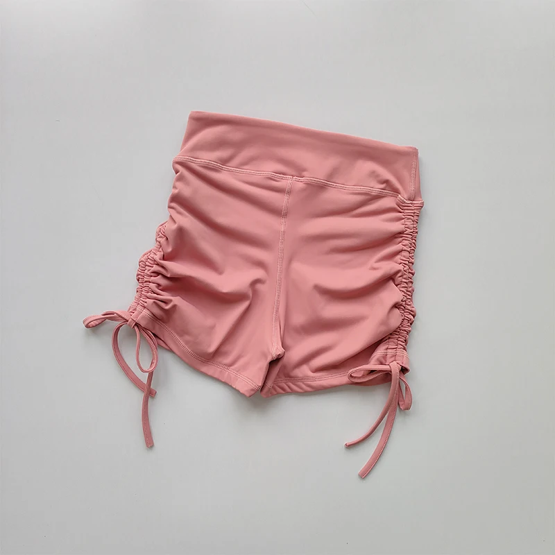 Hochgeschnittene Sexy Fitness-Shorts mit Kordelzug Schnelltrocknende Dreiteilige Laufhose für Damen Pfirsichfarbene Sport-Hotpants – Detail 6