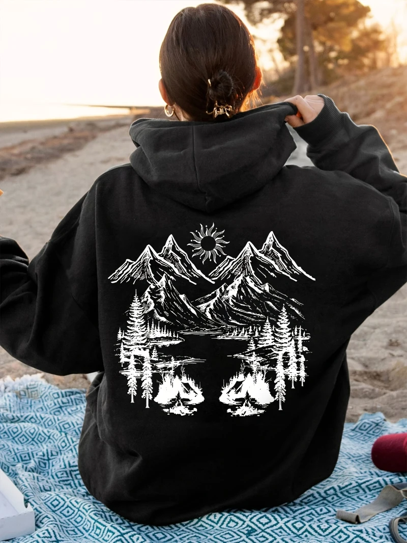 

2025 Autumn and Winter Women's Black Landscape Print Hooded High-end Luxury Is for Both Men and Women Top Y2k