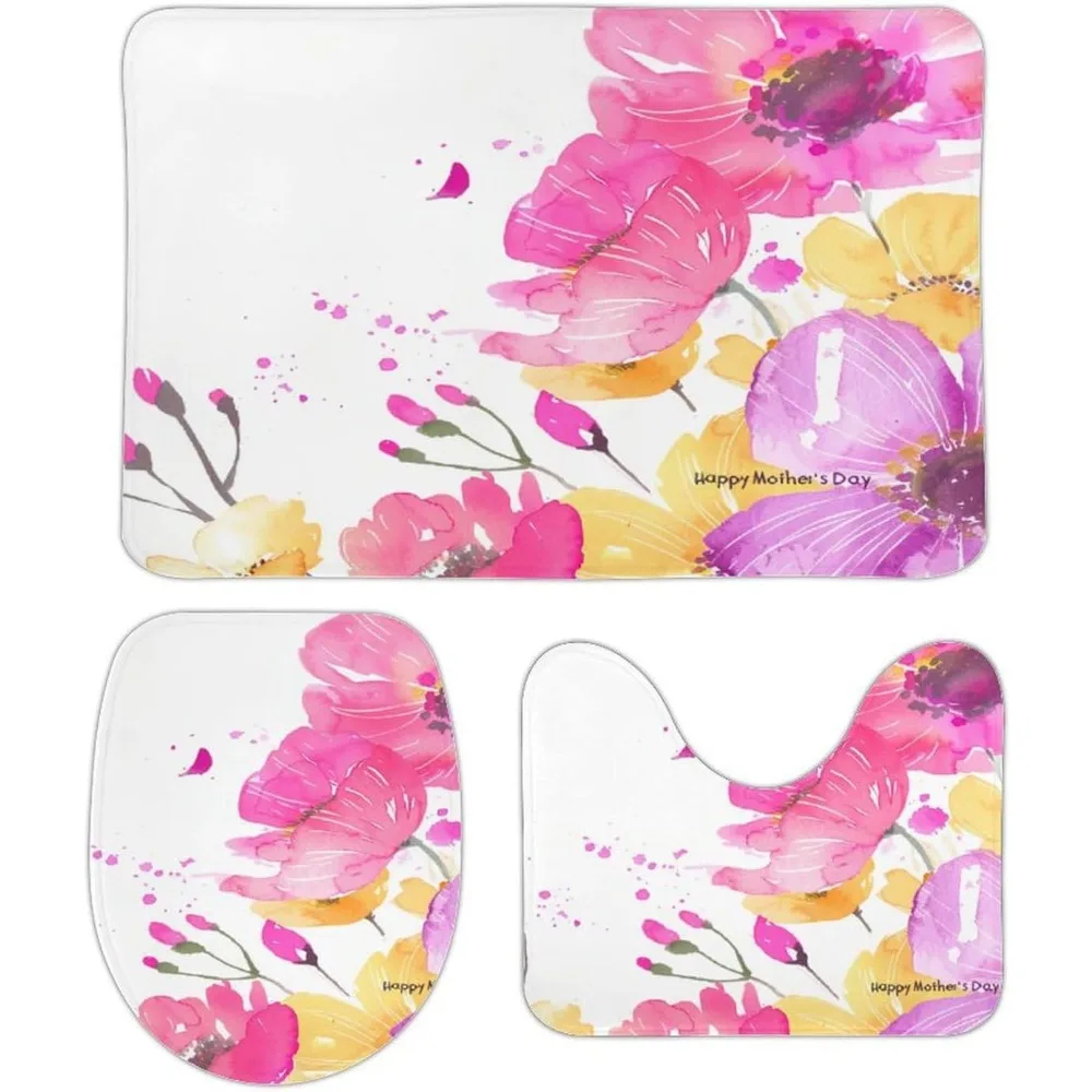 

Mom's Favorite Color Mother's Day Bath Mat 3 Piece Bathroom Rug Set Happy Mother's Day Letters With Beautiful Flower Toi