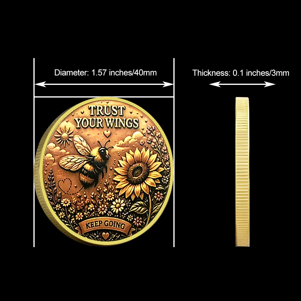 Bee Brave Inspirational Challenge Coin Trust Your Wings Sunflower Motivational Collectible Keepsake Gift for Women Friends