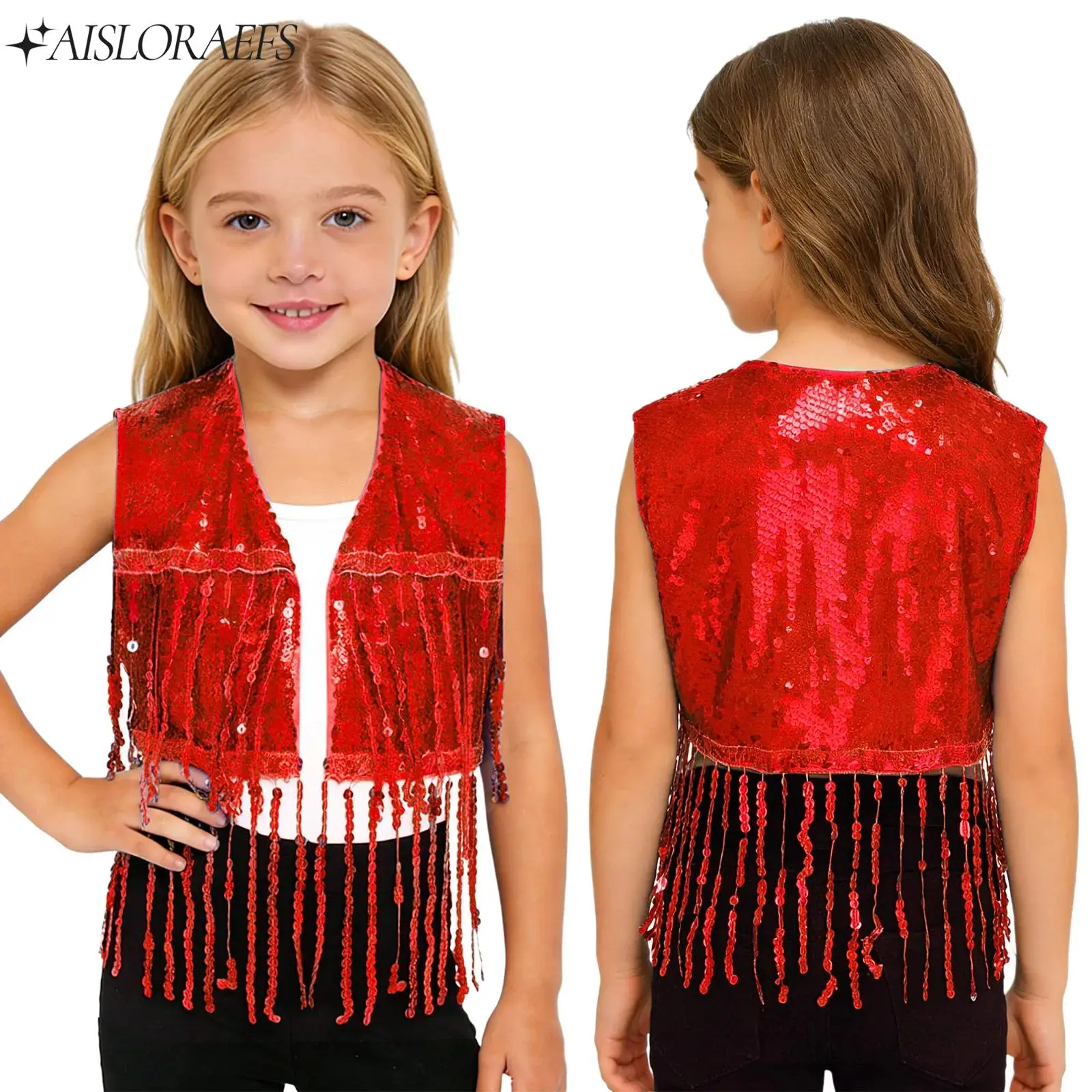 

Girls Sequin Cha-cha Dancewear Tassel Latin Dance Vest Sleeveless Open Front Fringed Waistcoat Jazz Dance Performance Costume