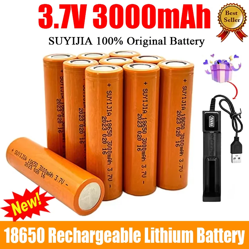 SUYIJIA 18650 3.7V 3000mAh High Capacity Rechargeable Li-Ion Battery for Flashlight Head Lamp Walkie-talkie with 4.2V 1A Charger