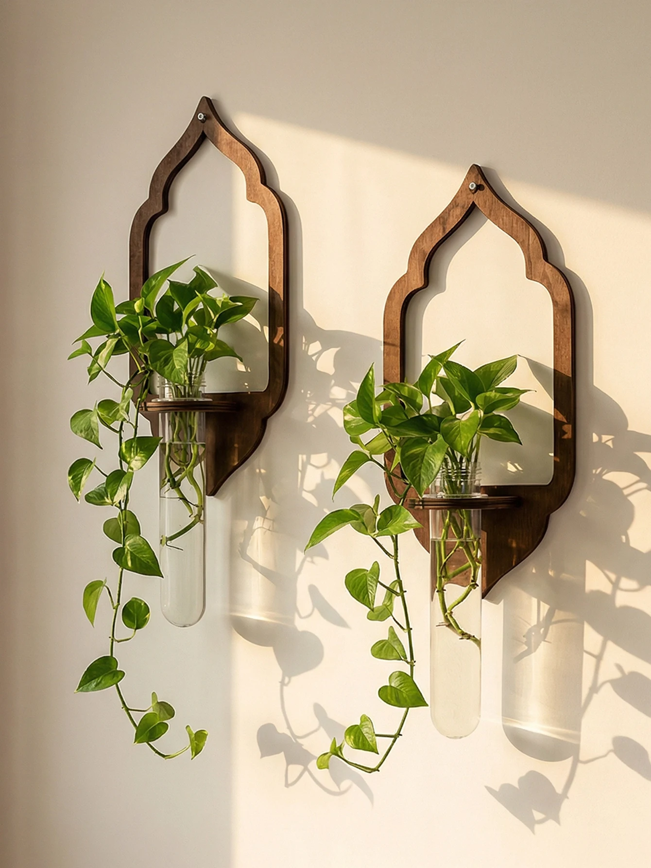Retro Sun Wooden Wall Planter, Wall Mounted Test Tube Hydroponic Vase for Indoor Plant Home Wall Decor