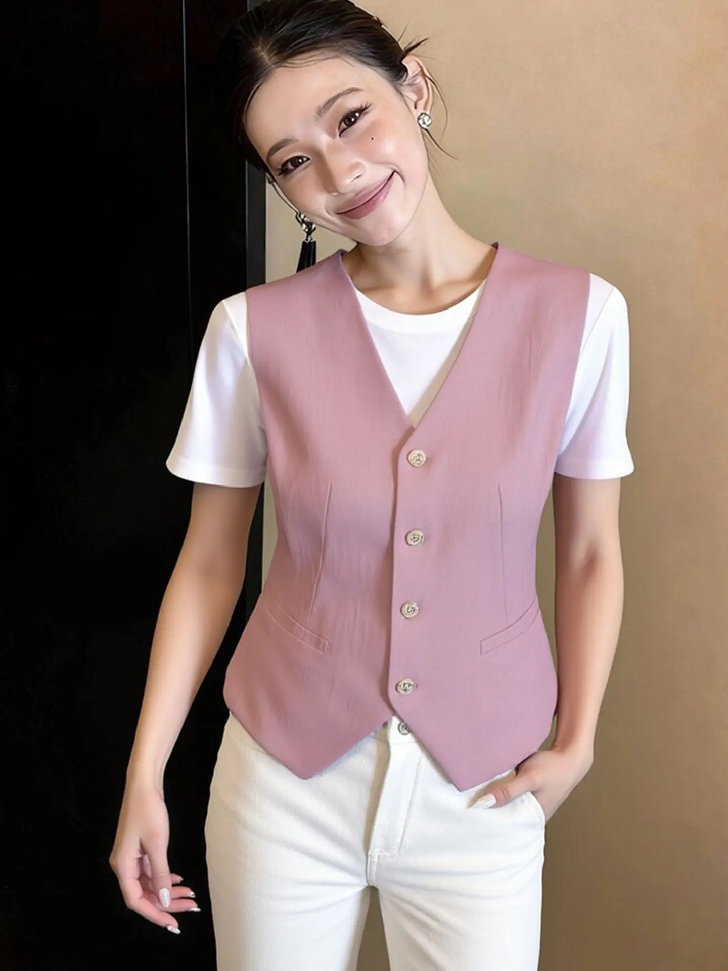 

Ele Pure Color V-Ne Single Button Vest Top Layering Svel High-End Spring Faion Women's Commute Sle Regular Fit