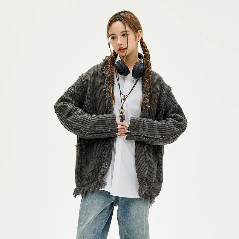 China-Chic Vintage Tassel Coarse Sweater Coat Men's and Women's Autumn and Winter New Loose Couple Knitted Cardigan