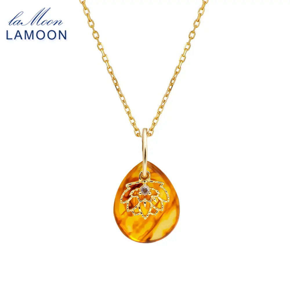 

LAMOON INS Artificial Amber Natural Cordierite Pendant Necklace For Women Simple 925 Sterling Silver gold vermeil Fine Jewelry
