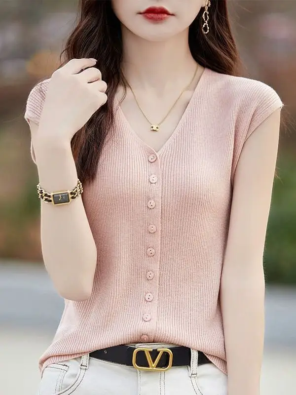 

Модный вязаный топ из ледяного шелка с v-образным вырезом, женская утягивающая модная футболка на пуговицах Fly Sve, модная футболка для похудения, летняя повседневная одежда