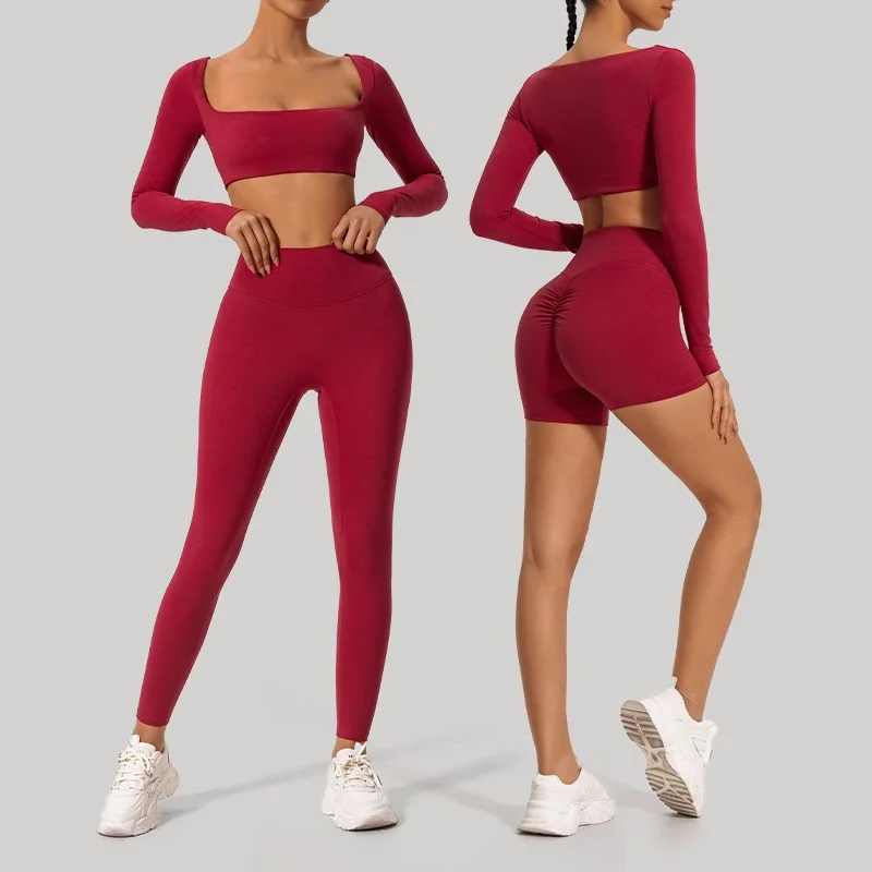 

2PCS Gym Yoga Sportswear Suit Women Quick-Dry Long Sleeve Sports Tops Slim Shorts Leggings Running Tracksuit Workout Clothing