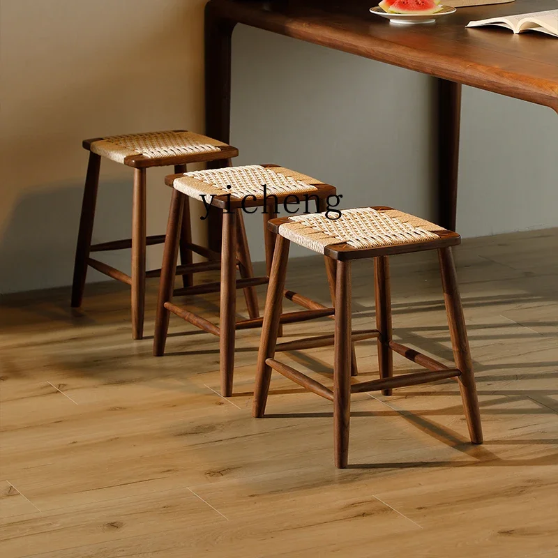 simple braided rope square stool dressing stool solid wood weaving living room small dining stool all solid wood board
