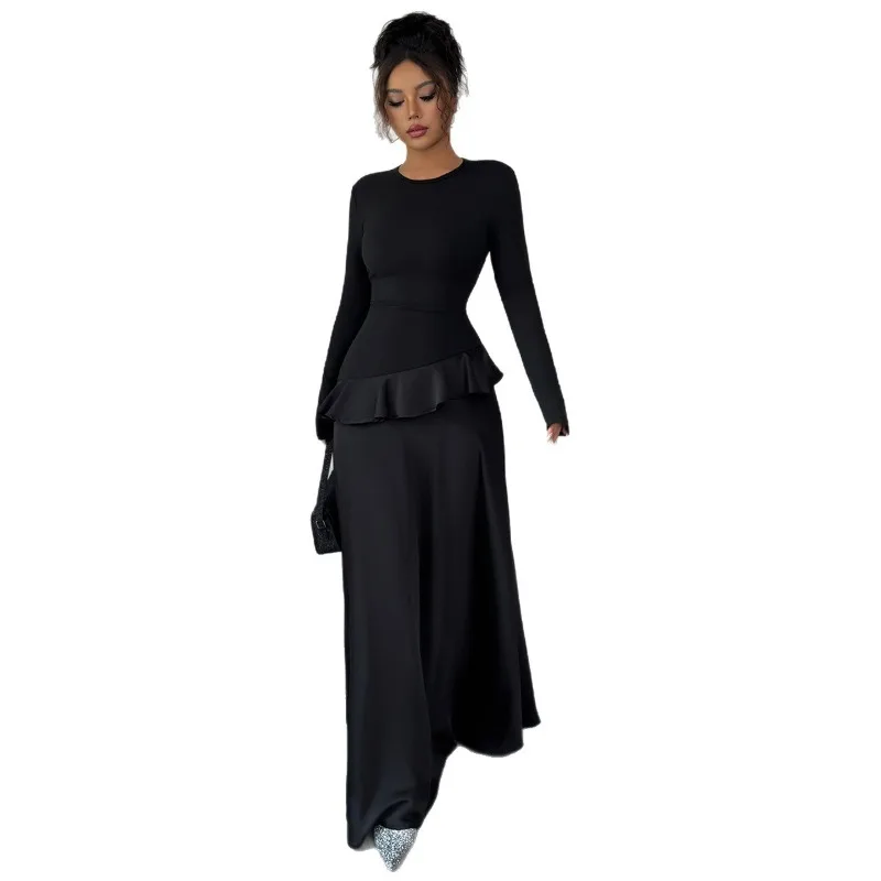 

Fashion High-end Shoulder Long-sleeved Lace Long Skirt Dress Women's Clothing Autumn and Winter New Pure Black Thin Knee Skirt