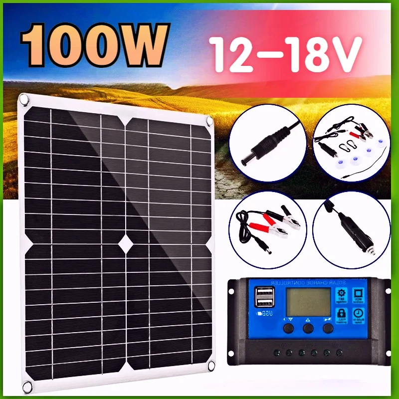 Solar Panel 12V 18V Usb 5V Controller Waterdichte Cellen Poly Panes Solares Voor Auto Jacht Rv Acculader 100W Springbrunnen